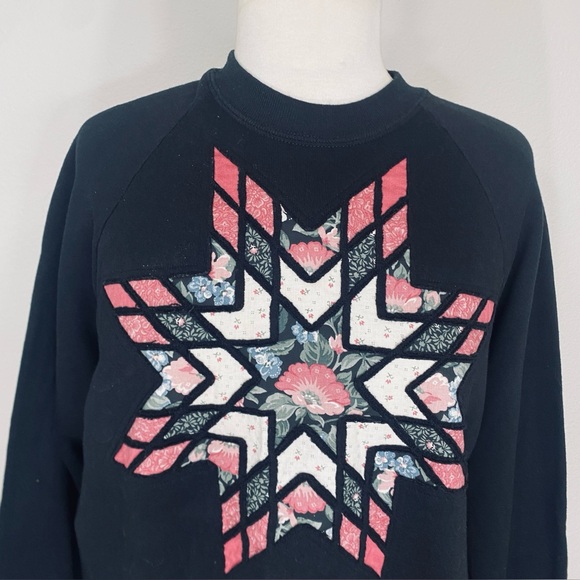 Vintage Women's Jerzees Black Quilted Star Crew Sweatshirt Size XL Cottagecore - Picture 5 of 16